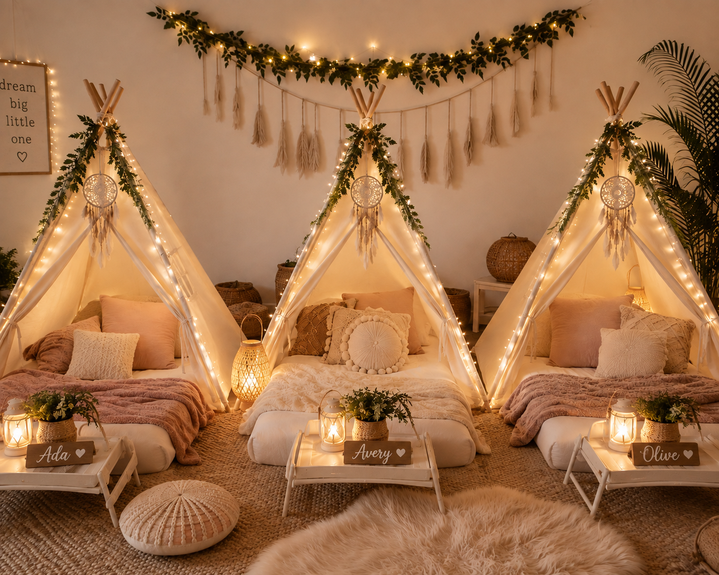 Three warm styled teepees with fairy lights, soft cushions and personalised name plaques